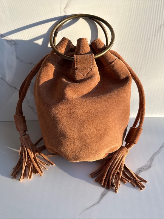 Cost Plus World Market Handbags - World Market Brown Suede Bucket Bag Metal Ring Handle Drawstring Leather Purse